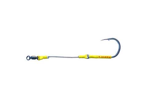 A fishing line rig with a silver metal swivel, gray braided line, a bright yellow hook body, and a dark gray hook, shown against a plain white background.
