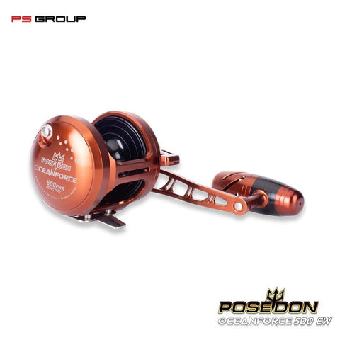 An orange copper anodized fishing baitcasting reel with a black handle, shown on a white background with 'PS GROUP' in the top-left and 'POSEDON OCEANFORCE 300 EW' in the bottom-right.