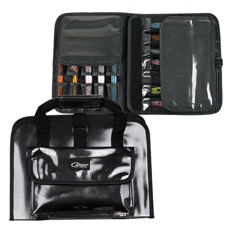 A black tackle organizer case shown both closed and open on a white background. 