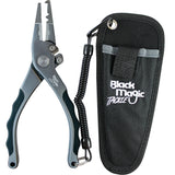 Fishing pliers with coiled line and Black Magic Tackle case on a white background