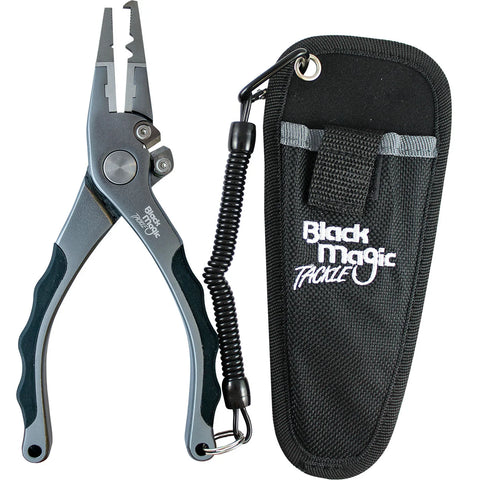 Fishing pliers with coiled line and Black Magic Tackle case on a white background