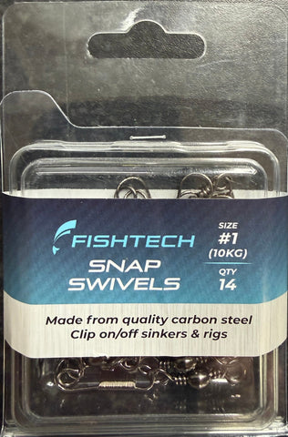 Fishtech Size #1 Carbon Steel Snap Swivels in a clear plastic blister pack with a blue and white label, set against a dark textured background.