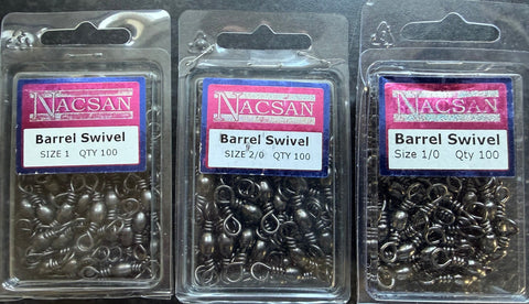 Three clear plastic packages of Nacsan Barrel Swivel snap fasteners, arranged vertically on a dark surface. Each package contains multiple small dark metal swivels and has a white and pink label with the Nacsan brand name.