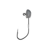 A single black jig fishing lure with a textured silver head and a sharp hook, shown against a plain white background.