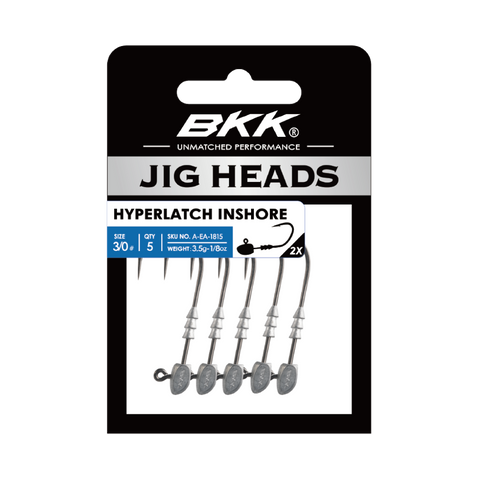 BKK jig heads packaging with five jig heads inside on a white background