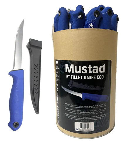 Mustad 6-inch fillet knife eco set in a cardboard container, featuring a blue-handled knife, a black sheath, and multiple blue-handled knives inside the package.