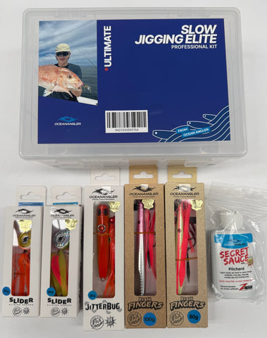 Oceanangler Ultimate Slow Jigging Elite Professional Kit containing a clear plastic storage case with a blue and white label, four packages of fishing lures (Slider, Jitterbug, and two pink 'Fingers' styles), and a bottle of 'Secret Sauce' fishing hook glue.