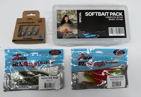 Z-Max Softbait Pack special edition fishing lure set including three lightbulb softbaits, a hard plastic softbait, and two bags of scented jerk shadl lures in green/red and dark green/black.