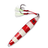 A red and white striped fishing lure with a white and light green feather skirt and two treble hooks, shown on a plain white background.