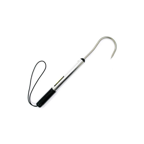 A metal fishing hook with a black handle and wrist strap, shown on a plain white background.