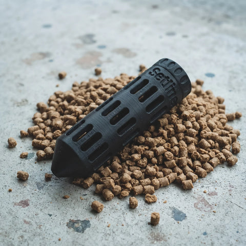 A black cylindrical pet lick mat with ventilation slots and the brand name 'Settles' embossed on the side, resting on a pile of brown kibble on a textured concrete surface.