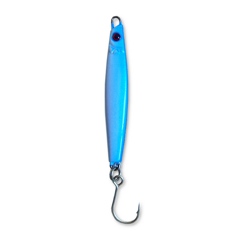 Blue fishing lure with a hook on a white background