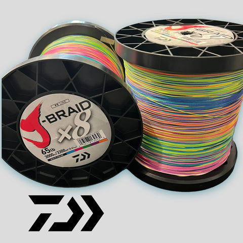 Three spools of Daiwa Braid x8 fishing line, with one spool showing the black spool and label, another partially visible behind it, and a third spool displaying a vibrant multicolor line wound in rainbow shades. A black Daiwa logo is displayed at the bottom left on a light gray background.
