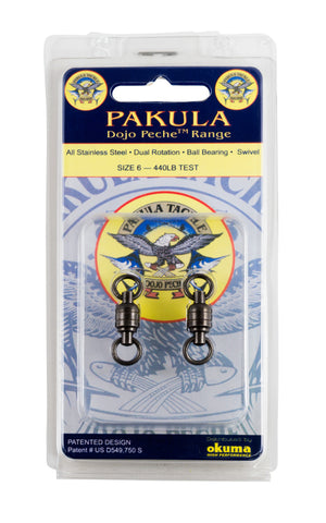 Two Pakula Dojo Peche swivel hooks in their original retail blister packaging, featuring a blue and yellow card with product details and an illustration of a fish.