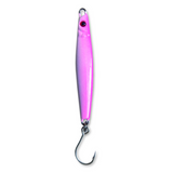Pink fishing lure with a hook on a white background