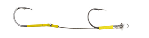 A fishing hook with a thin metal wire extending to the right, wrapped in bright yellow tape, and connected to a small silver metal ring or bead on a plain white background.