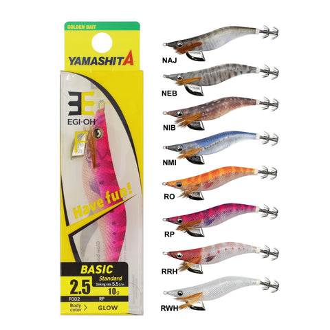 Yamashita EGI-OH Basic Glow fishing lure packaging shown next to seven color variants labeled NJA, NEB, NIB, NMI, RO, RP, RRH, and RWH on a white background.